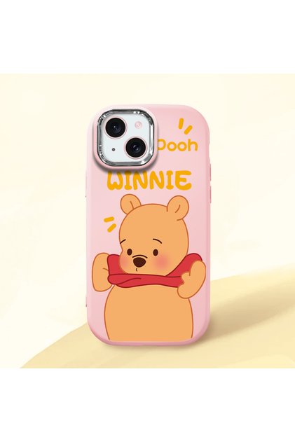 iPhone 15 Compatible Case with Camera Protection Pink Silicone Couple Phone Case with Bear Pattern