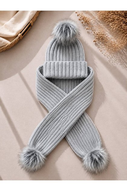 SET DE TRICOTAJE GRI CU O SINGURĂ POMPON, Eșarfă, Beretă