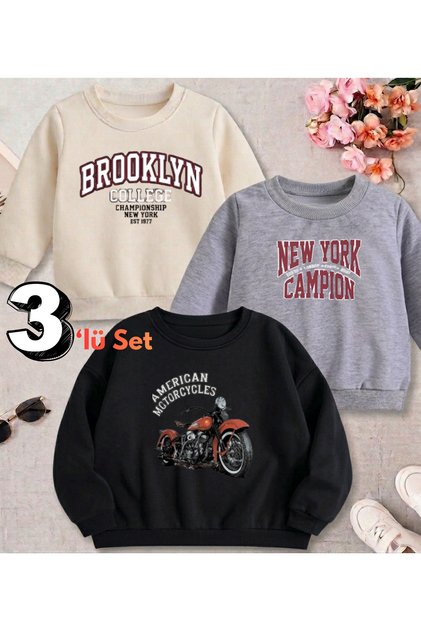 Brown-Ecru-Grey Triple Crew Neck Motor Printed Boys' Sweatshirt