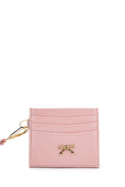 Multi-Compartment Leather Card Holder Wallet with Bow Accessory Bow Powder