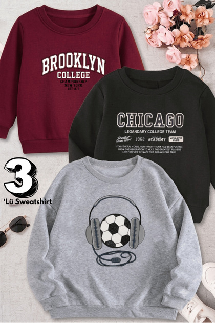 Black-Burgundy-Grey Triple Set Crew Neck Printed Boys' Sweatshirt