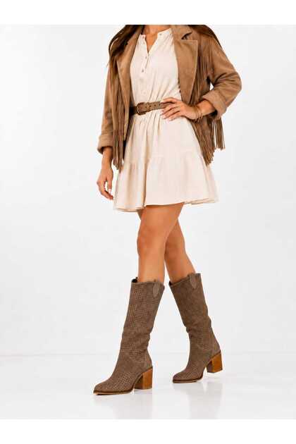 Semafre Women's Western Cowboy Heeled Summer Boots Mink