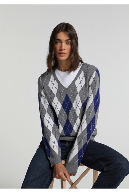 Pulover gri pentru femei, cu decolteu în V, jacquard, croială normală