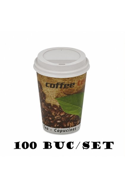 Pahar de carton de cafea cu capac de unica folosinta 8 oz 100buc/set