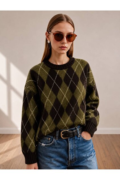 Women's Diamond Pattern Knitted Sweater Crew Neck Relaxed Fit Long Sleeve