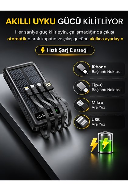 10000mAh Güneş Enerjili Powerbank Dahili Type-C Lightning Micro USB Kablolu 2 USB Hızlı Şarj