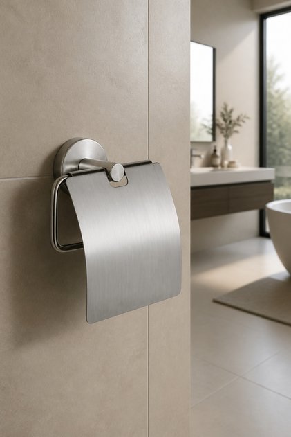 İnox Toilet Roll Holder Matte Chrome Stain and Limescale Resistant Easy Cleaning Toilet Roll Holder with Cover Stainless Brass Material