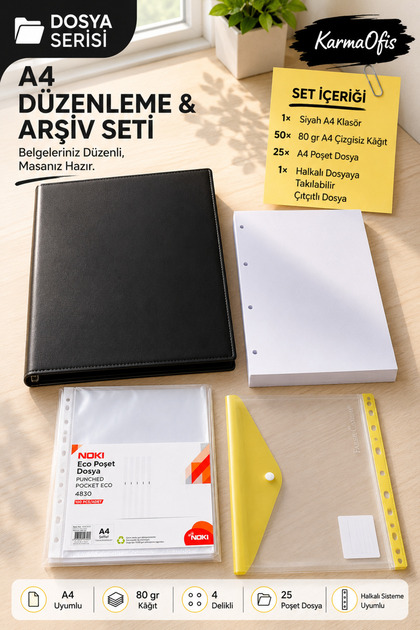 A4 Düzenleme ve Arşiv Seti 4 Halkalı Siyah Klasör | 50 Yaprak 80 Gr Kağıt | 25 Poşet Dosya | A4 Çıtçıtlı Dosya