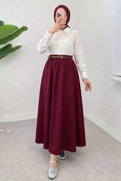 Kadın Kemerli Soft Büzgülü Bel Lastikli Bordo Tesettür Uzun Etek