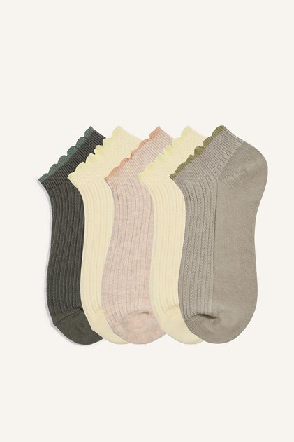 Women's Set of 5 Wavy Edge Ribbed Cotton Booties Socks E2119Axns