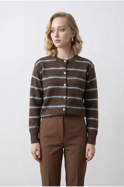 Crew Neck Gold Button Detailed Striped Trendy Basic Women's Knitted Cardigan