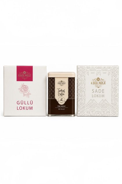 Turkish Coffee and Turkish Delight Gift Set – 250 Gr Turkish Coffee + 500 Gr Rose-Flavored Turkish Delight + 500 Gr Plain Turkish Delight