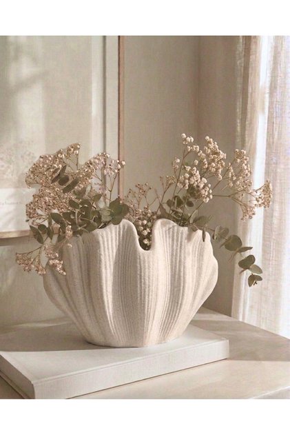 Oceania Bioplastik Modern Dekoratif Vazo – 25 cm Lüks Tasarım Obje - Mermer Desen Beyaz (Çiçekler Dahil Değildir)