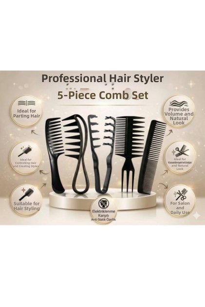 5-Piece Professional Black Comb Set Hairdresser Type Hair Lightening and Styling Comb Set