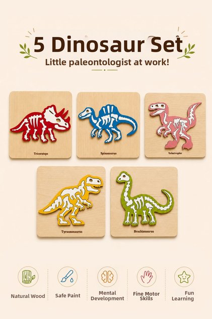 Wooden Dinosaur Puzzle 5 Piece Toy Set Montessori Educational Find and Build Puzzle Ages 3+