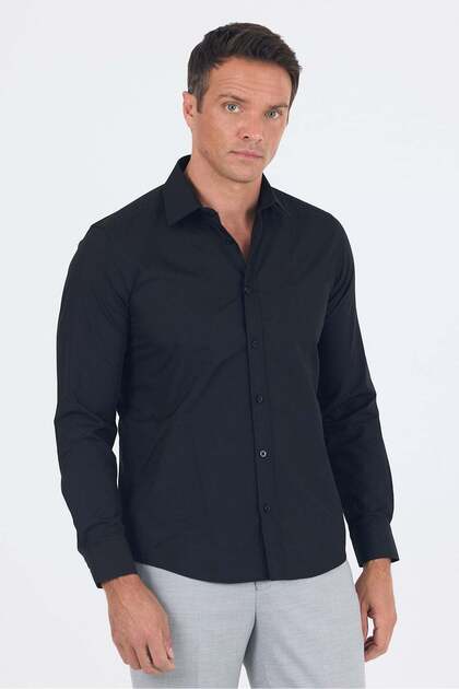Black Long Sleeve Hard Collar Plain Cotton Slim Fit Shirt 1004260057