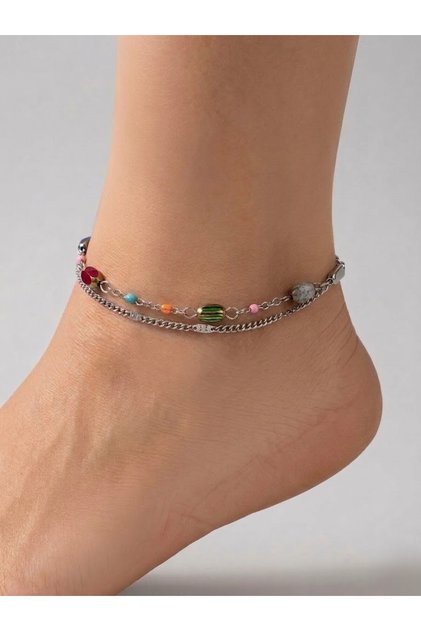Steel Silver Color Beaded Colorful Anklet