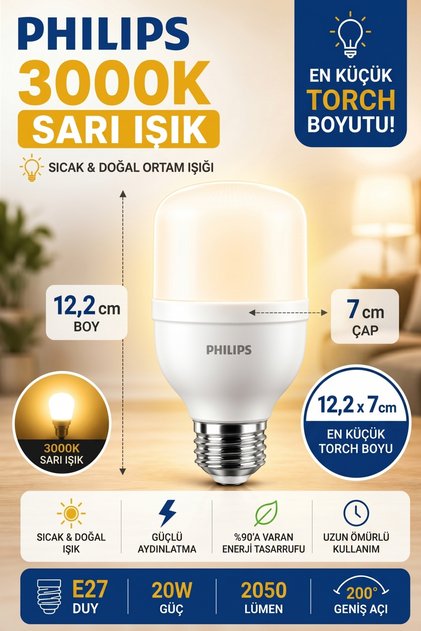 20W Torch LED Ampul 3000K Sarı Ton E27 Güçlü Işık Ev Salon Aydınlatma