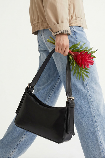 Women's Lined Black Baguette Bag with Eye Inside and Strap Detail