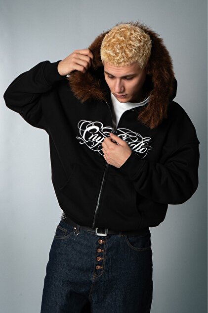 Crupt Studio Siyah Crupt Fur Erkek Ceket Zip Hoodie - Fiyatı