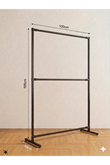 Metal İki Katlı Konfeksiyon Ayaklı Elbise Askılık Tekerlekli 185x100x45