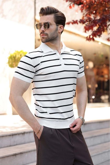 White Striped Polo Collar Knitwear Men's T-Shirt E7405