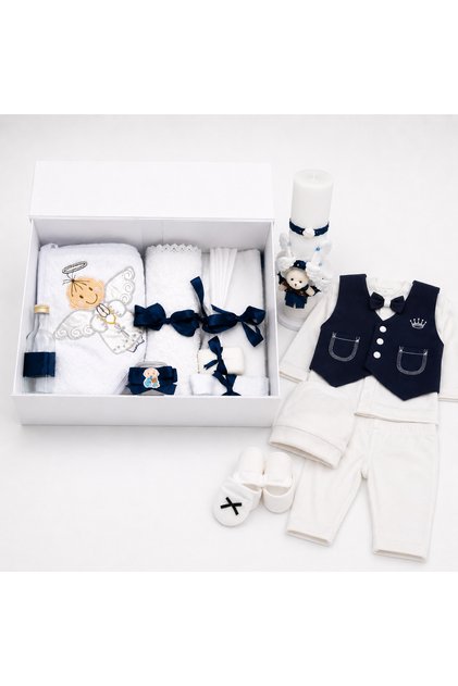 Trusou Botez Băieți Elegant Bleumarin – Set Complet cu Lumânare și Hăinuțe 0-3 LUNI