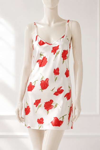 Satin Nightgown with Rope Strap and Floral Motif