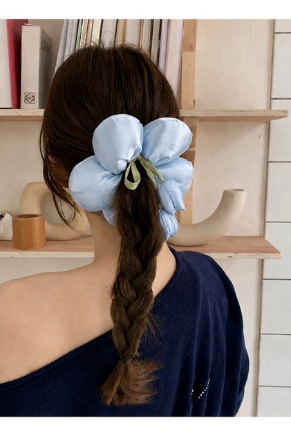 Giant Flower Shaped Satin Scrunchie - Oversized Romantic Hair Accessory - Tulip Detailed Rubber Scrunchie