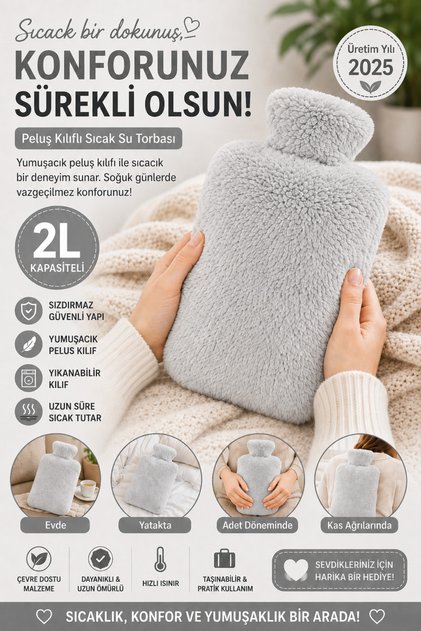 Hot Water Bag with Soft Plush Cover Hot Water Bag 2L Capacity Washable Cover Gray
