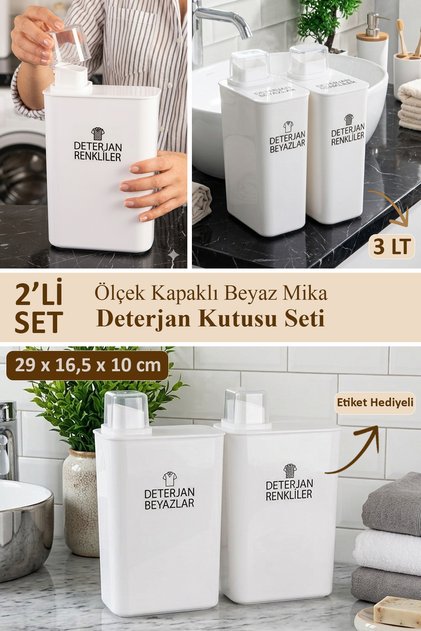 2'li Kendinden Ölçekli Deterjan Saklama Kabı Beyazlar Renkliler Etiketli Deterjanlık Seti 3000 ml