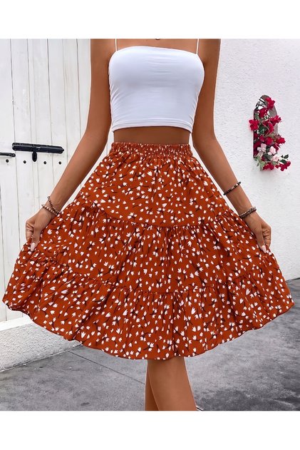 Women's Stylish Floral Print High Waist Skirt - A-Line, Knee-Length, Spring/Summer Fashion Length 55