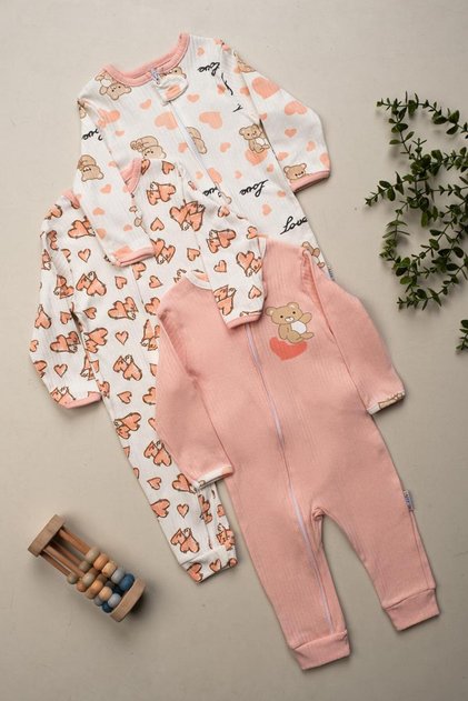 Kız Bebek Uyku Tulumu 3’lü Set 9-12-18 Ay Fermuarlı Pamuk Ribana Ayıcık Desenli
