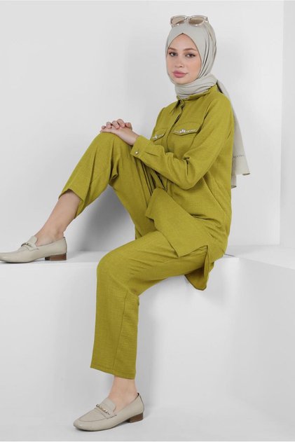 STONE DETAILED WAIST RUBBERED DOUBLE PANT SUIT 43909