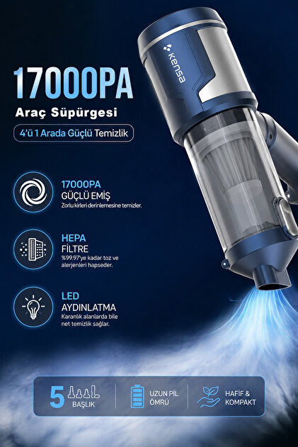 Kensa 17000PA 100W Kablosuz Araç Süpürgesi – 4'ü 1 Arada Güçlü
