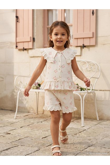 Floral Embroidered Set for 2-5 Years - Beige