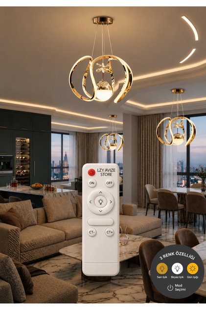 Tek Toplu Amissos Gold Kumandalı 3 Renk Sarkıt Avize Salon, Yemek Masası, Mutfak ve Çocuk Odası Aydınlatma