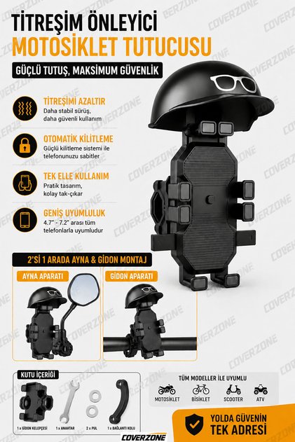 Titreşim Önleyici Otomatik Tuşlu Bisiklet Scooter ATV Tüm Motosikletler İçin Telefon Tutucu Şapkalı Dikiz Ayna Ve Gidon Bağlantılı Telefon Tutucu Motor Tutacağı Motor Tutacak Güçlü Tutuş 12.5Cm X 21Cm
