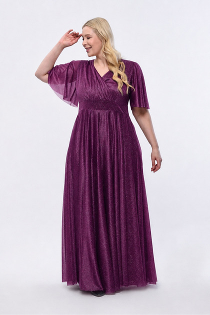 Işıltı Plus Size Glittery Tulle Stretchy Double-Breasted Collar Ruffle Sleeve Long Plus Size Chic Evening Dress 3051
