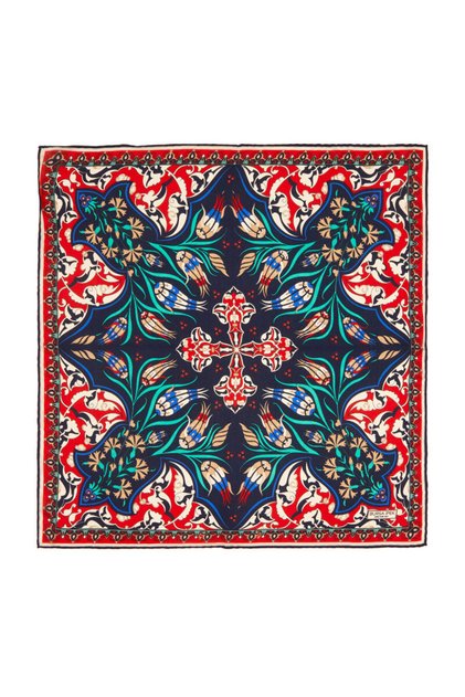 Navy Blue Red Carnation Tulip Pattern Silk Handkerchief