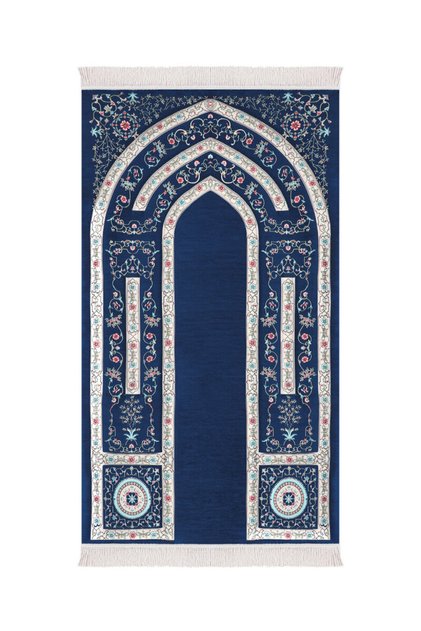 Navy Blue Yasmin Pattern Sponge Quilted Woven Prayer Rug
