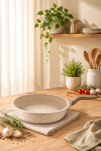 Elexsus 26 cm Cast Granite Pan Cappuccino - Fireproof Non-Stick Deep Crepe Egg Pan