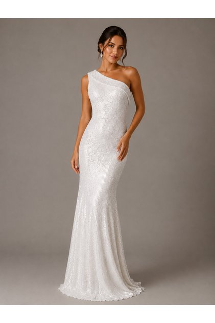 LUMİNOSA Tek Omuzlu Pul Payet Balık Kesim Uzun Abiye Elbise