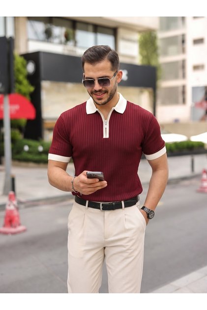 Men's Elite Cut Polo Collar Ribbed Knitwear T-Shirt - Half Zipper