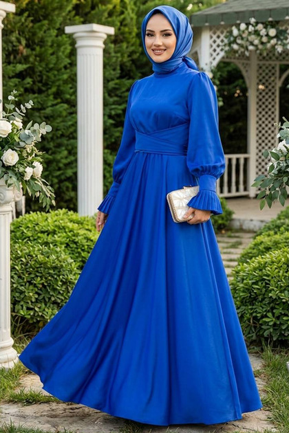 Neva Style Sax Blue Hijab Satin Evening Dress 5983SX