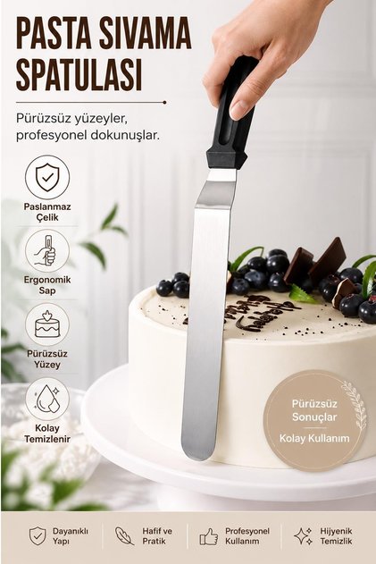 Eğik Oval Uçlu Pasta Sıvama Spatulası 32 Cm, Siyah, Yüksek Kalite, Dayanıklı ve Pratik