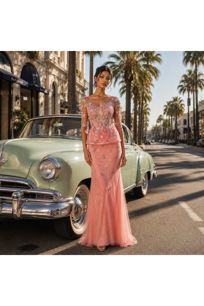 Rochie de seara blush lunga in clos din dantela cu maneca lunga