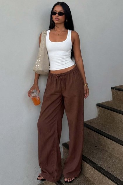 Brown Pocketed Wide Leg Women's Trousers MG1882