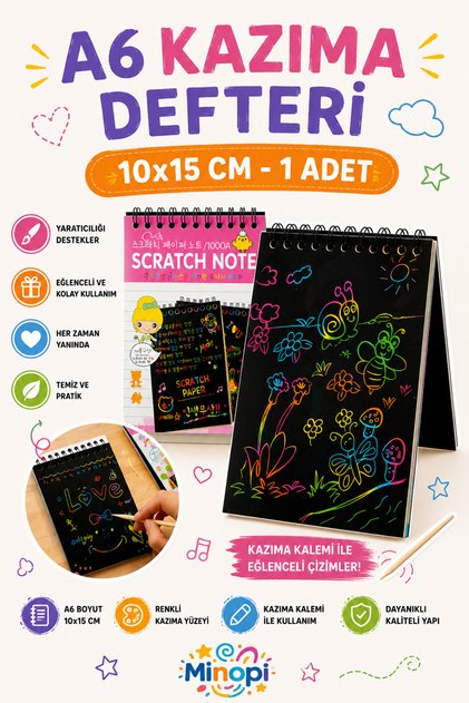 ( 1 Adet ) A6 Sihirli Gökkuşağı Defter 10x15 cm Siyah Kazıma Defteri Sprialli