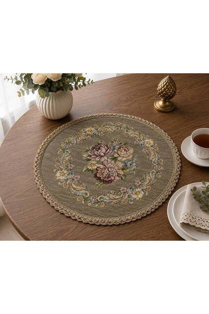 Royal Bouquet Goblen Fiskos Cover – 40 cm Round Decorative Coffee Table Cover